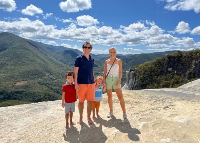 Family at the Hierve el Agua petrified waterfalls on a Mexico Foodie Tours Oaxaca Mitla and Hierve el Agua tour