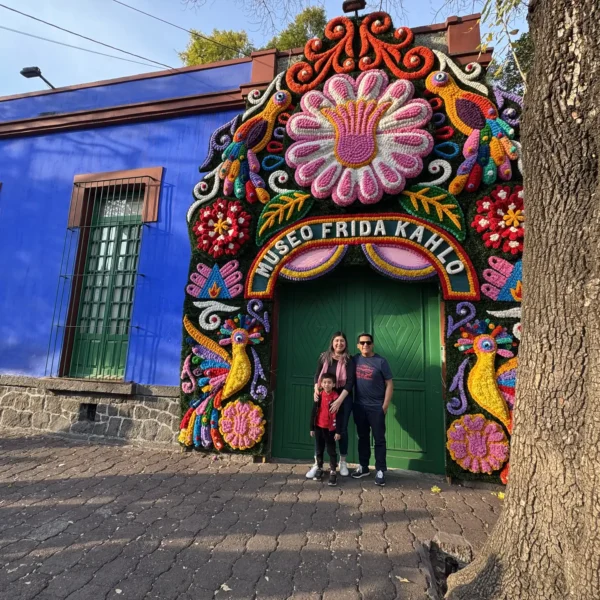 Family posing at the Museo Frida Kahlo Casa Azul entrance during a Coyoacán food tour in Mexico City by Mexico Foodie Tours