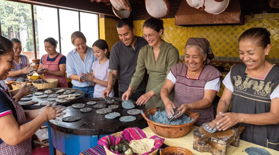 Guests making blue corn tortillas by hand with traditional cooks on a comal