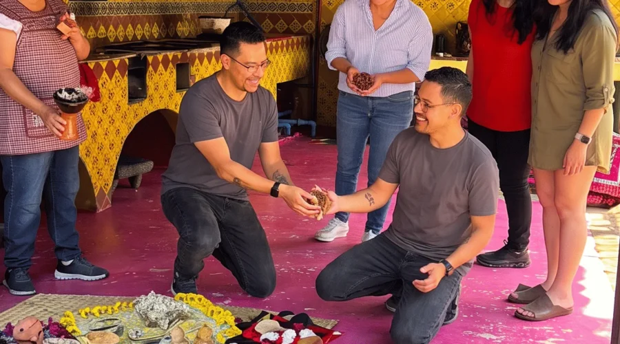 Six people gather around a colorful display of food and items on the floor in a decorated kitchen, sharing in a lively Xochimilco Culinary Experience as two individuals exchange something while others watch and smile. Copal cleansing ritual with traditional offerings during a Xochimilco cultural experience