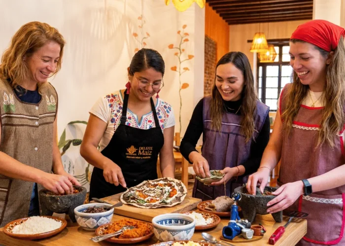 Guests preparing antojitos together with a traditional Mexican cook during a cooking class in Mexico City