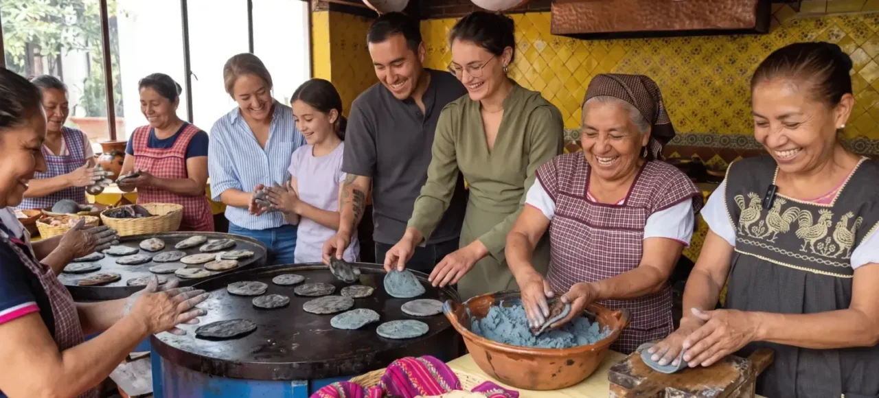 Círculos de Sabor in Food & Pleasure Travelers making blue corn tortillas with traditional cooks at a Círculos de Sabor culinary experience